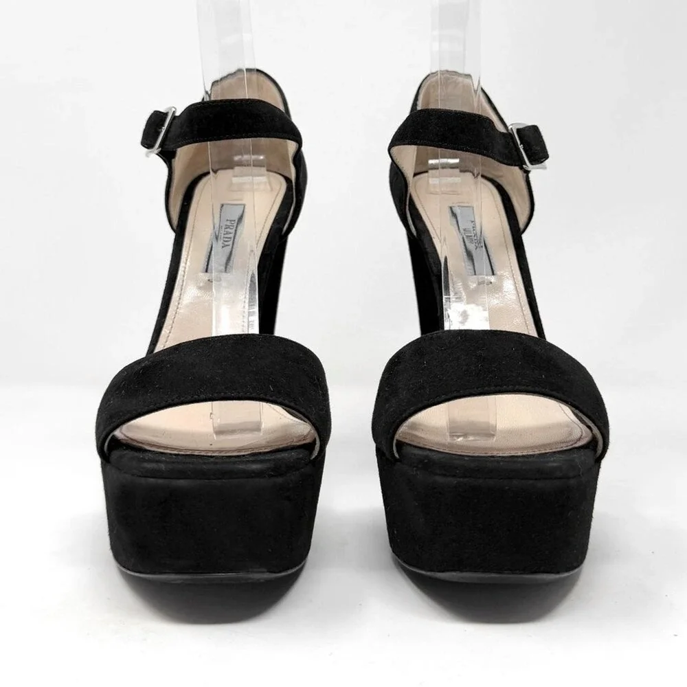 Prada Black‎ Suede Platform Sandals Ankle Strap Heels 38.5
